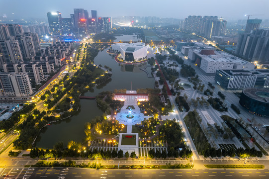 航拍淄博现代建筑夜景