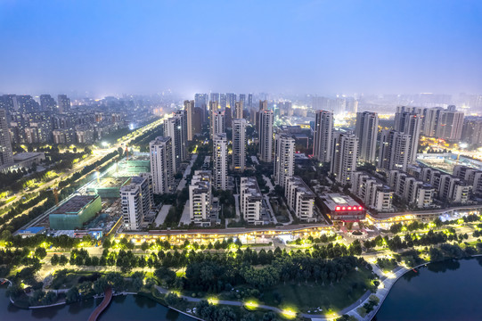 航拍淄博城市现代建筑夜景