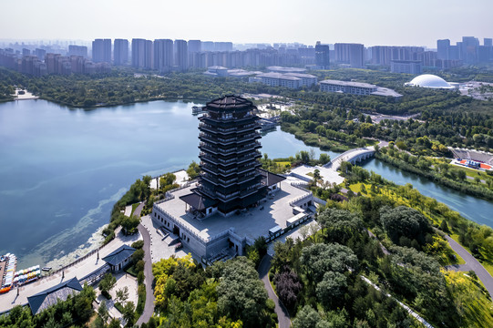 航拍淄博齐盛湖古建筑近景