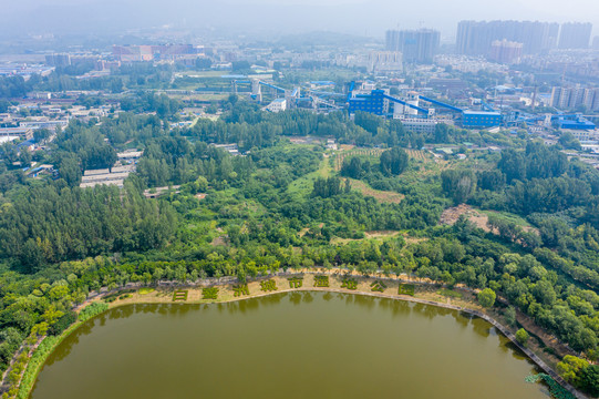 航拍河南平顶山白鹭洲湿地公园