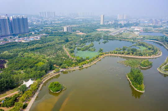 航拍河南平顶山白鹭洲湿地公园