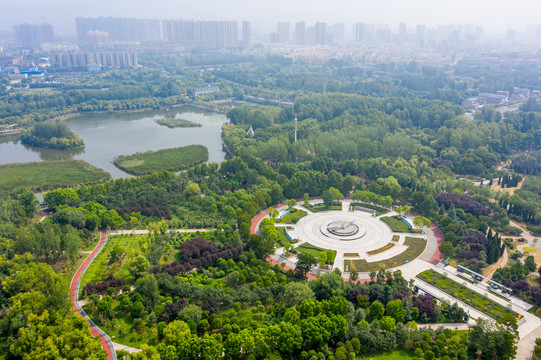 航拍河南平頂山白鷺洲濕地公園