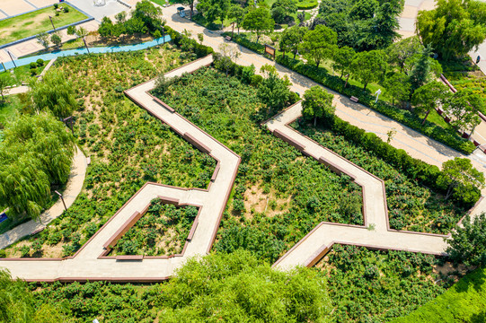 航拍河南平顶山鹰城广场绿化区