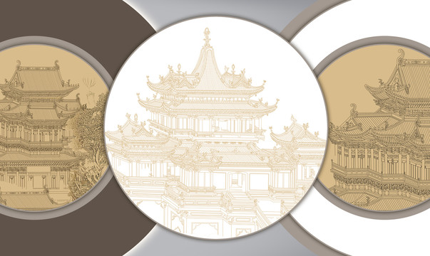 中式簡(jiǎn)約圓形樓閣背景墻