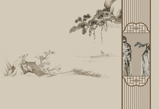 中式工笔山水画背景墙