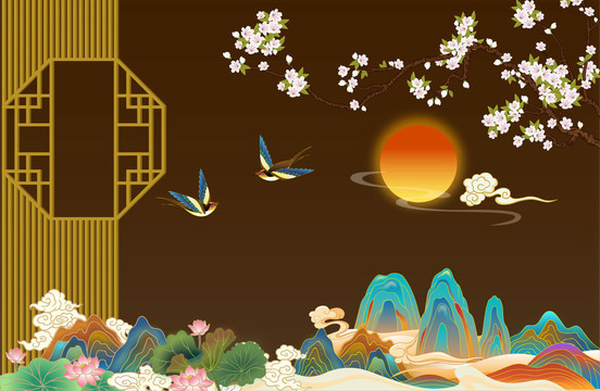 山水花鳥國(guó)潮矢量插畫