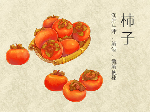 手绘水彩柿子水果插画