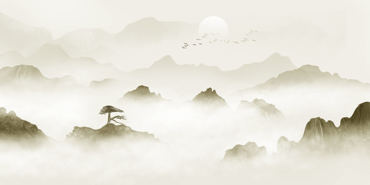 云霧遠(yuǎn)山水墨畫(huà)