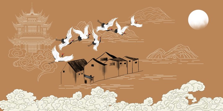 現(xiàn)代新中式線描樓閣仙鶴