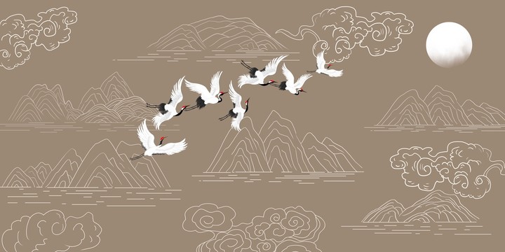 祥云線描山水瑞鶴圖