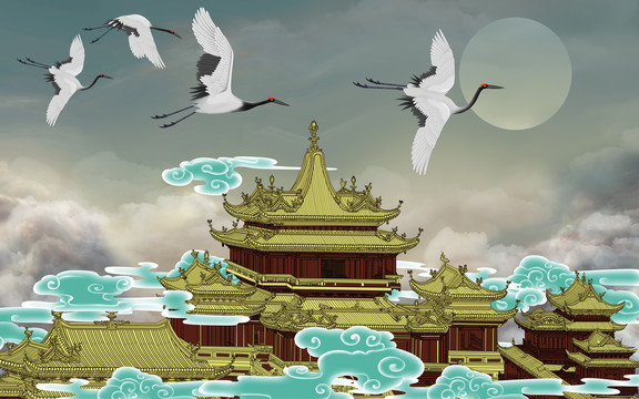 樓閣仙鶴背景墻