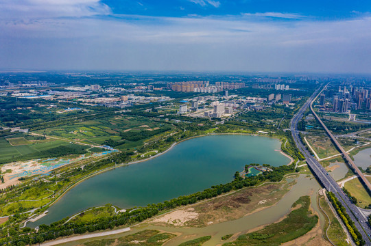 航拍河南郑州象湖生态湿地公园