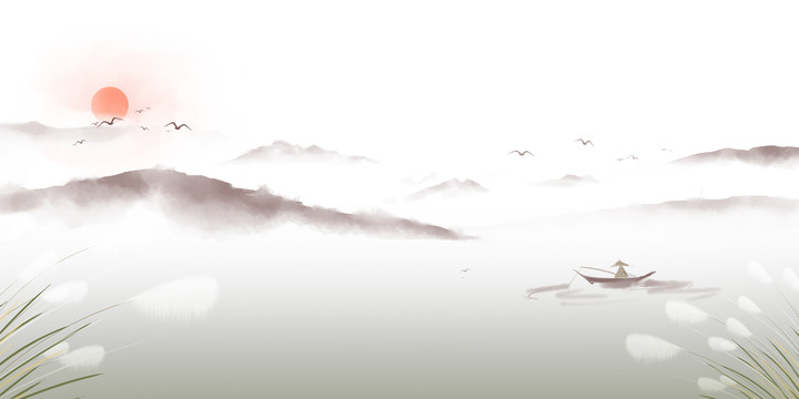 朱褐色水墨漁翁湖泊中國(guó)風(fēng)山水