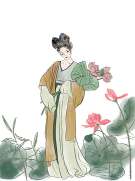 中國風(fēng)水墨荷花美女