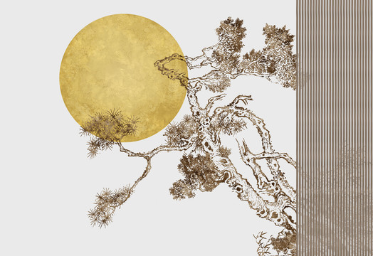 新中式手绘意境树背景墙