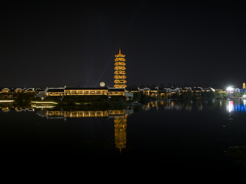 航拍安徽省芜湖市鸠兹古镇夜景