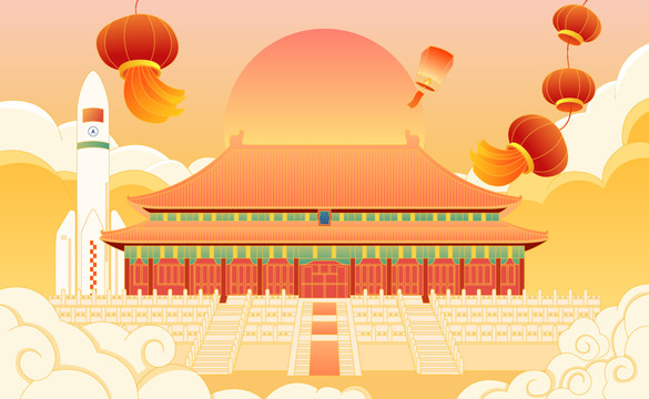 國風(fēng)國慶故宮插畫海報