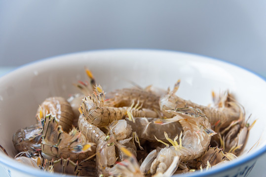 白色瓷盆里的新鲜皮皮虾