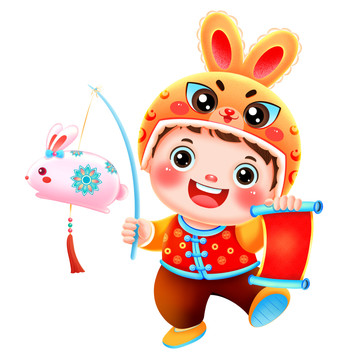 新年春節(jié)兔年中秋舉花燈的福娃