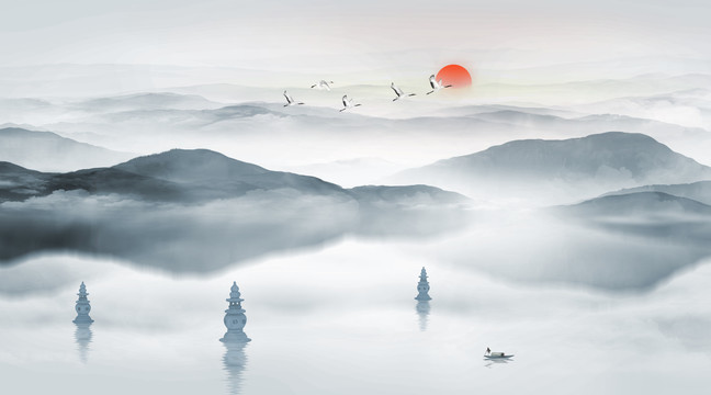 西湖三潭映月山水畫