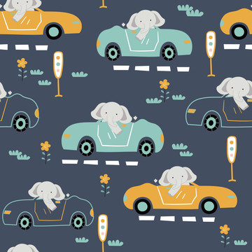 卡通可愛汽車大象動物圖案