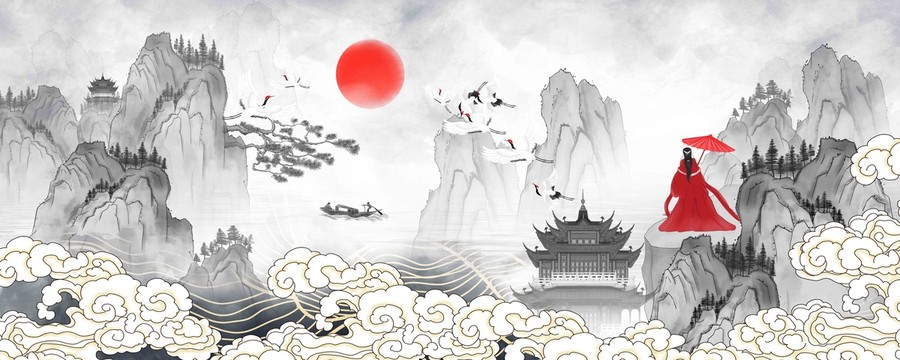 新中式祥云水墨山水裝飾畫
