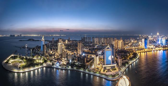 航拍青岛湾城市夜景