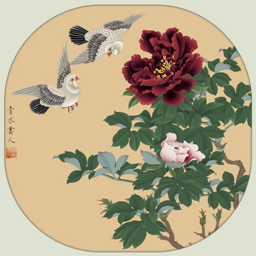 工筆牡丹鴿子圖