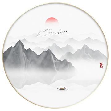 圆形意境水墨山水画