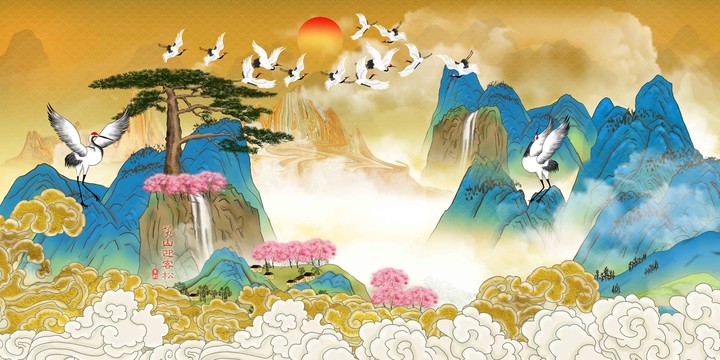 國潮山水迎客松插畫
