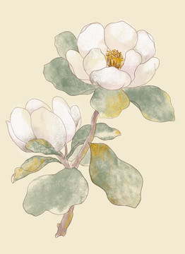 巖彩山茶花之皎月