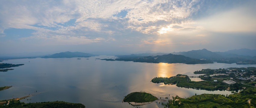 航拍太行山岗南水库落日