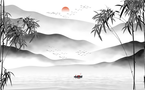 水墨竹子山水背景墻