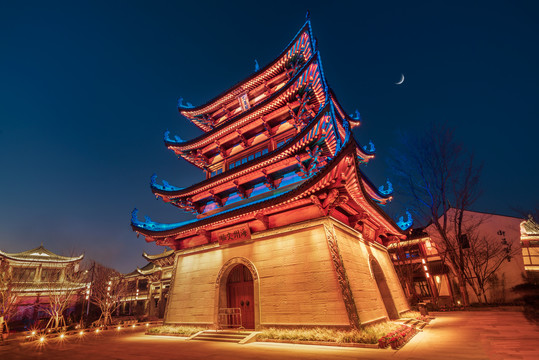 台州椒江葭沚老街文昌阁夜景