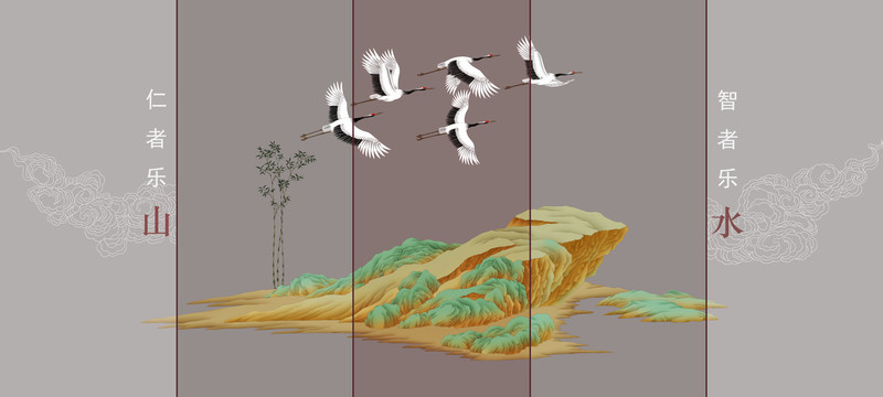 青綠山水仙鶴插畫