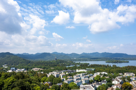 杭州西湖雷峰塔城隍阁航拍全景