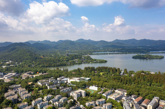 杭州西湖雷峰塔城隍阁航拍全景