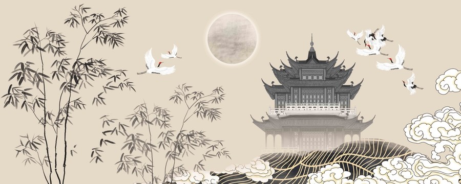 竹子閣樓祥云背景墻
