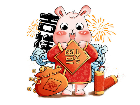 手绘新年插画兔年吉祥