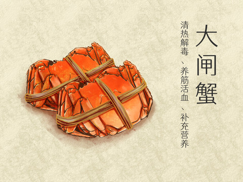 手繪水彩美食大閘蟹插畫