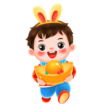 新年春節(jié)抱大元寶的福娃男孩