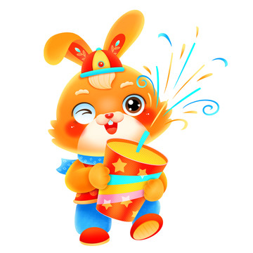 可爱卡通抱爆竹的桔色兔子