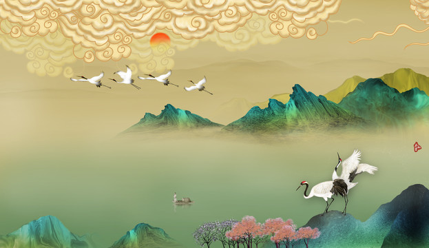 祥云仙鶴山水畫