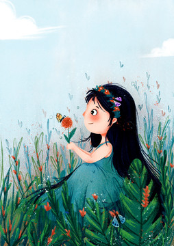 可愛(ài)的蝴蝶少女兒童插畫(huà)