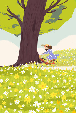 夏日女孩骑行在花海丛林插画