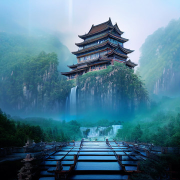 山水閣樓小瀑布