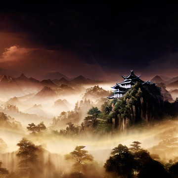 山水閣樓黃昏