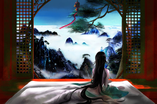 古風山水意境插畫聽松臥眠圖