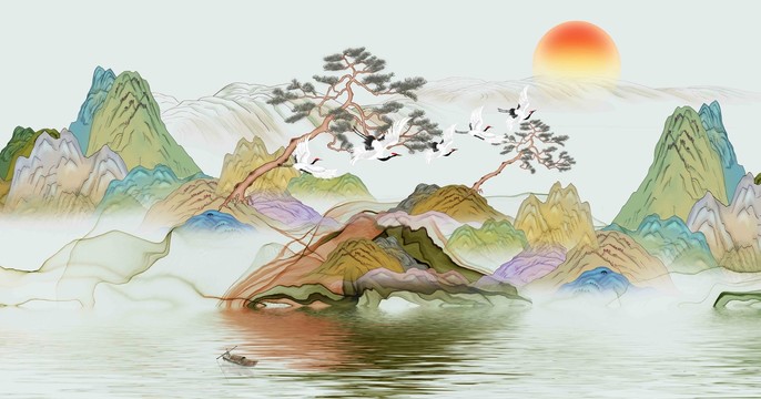 國潮水墨山水插畫