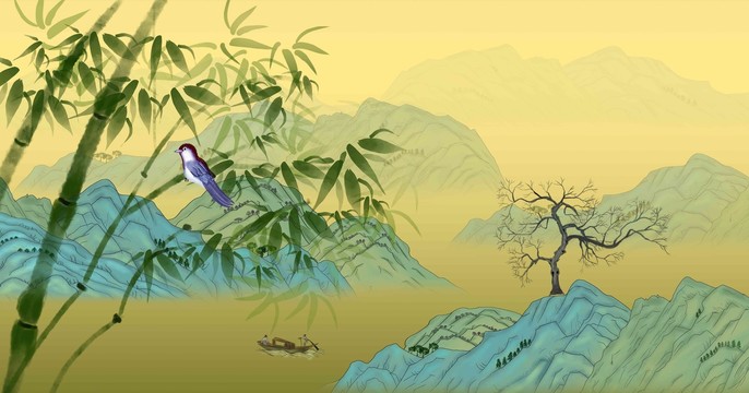 國潮山水竹子